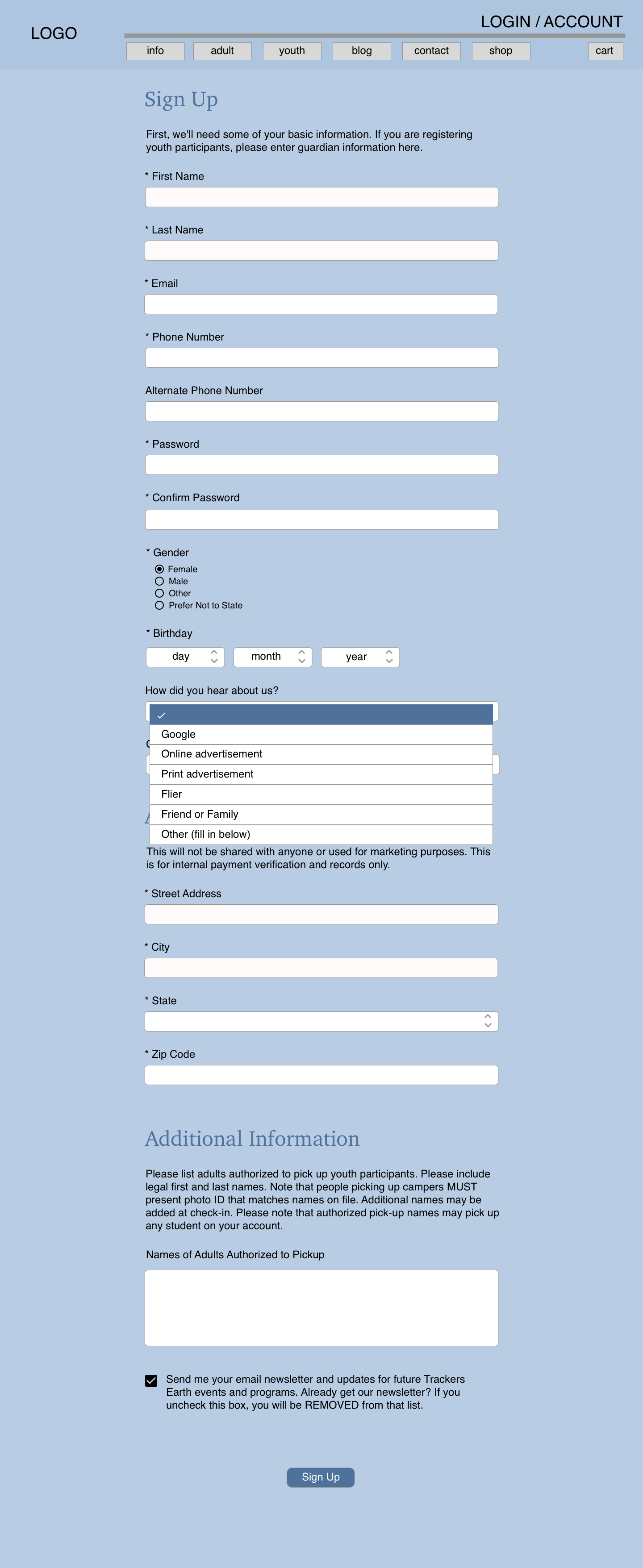 image of a blue, grey, white themed wireframe for the sign up page of the Trackers Earth website